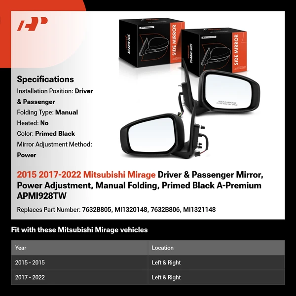 2015 2017-2022 Mitsubishi Mirage Driver & Passenger Mirror, Power Adjustment, Manual Folding, Primed Black A-Premium APMI928TW