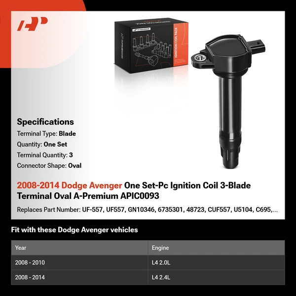 2008-2014 Dodge Avenger One Set-Pc Ignition Coil 3-Blade Terminal Oval A-Premium APIC0093