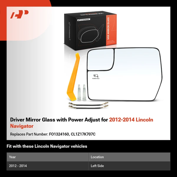 Driver Mirror Glass with Power Adjust for 2012-2014 Lincoln Navigator