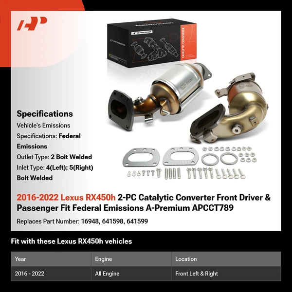 2016-2022 Lexus RX450h 2-PC Catalytic Converter Front Driver & Passenger Fit Federal Emissions A-Premium APCCT789