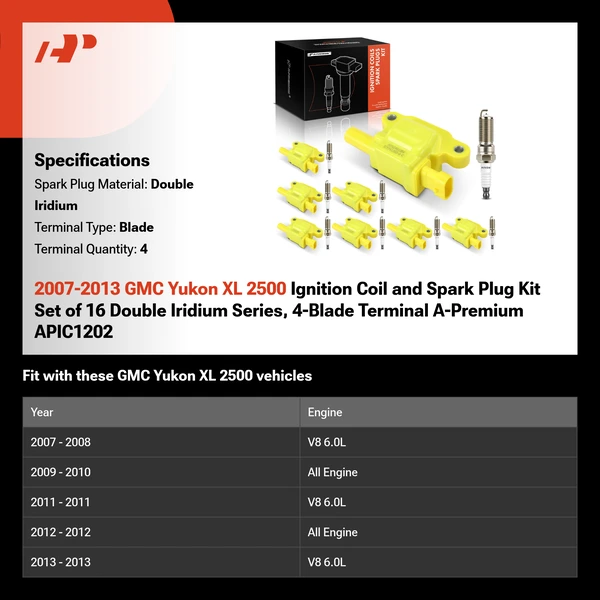 2007-2013 GMC Yukon XL 2500 Ignition Coil and Spark Plug Kit Set of 16 Double Iridium Series, 4-Blade Terminal A-Premium APIC1202