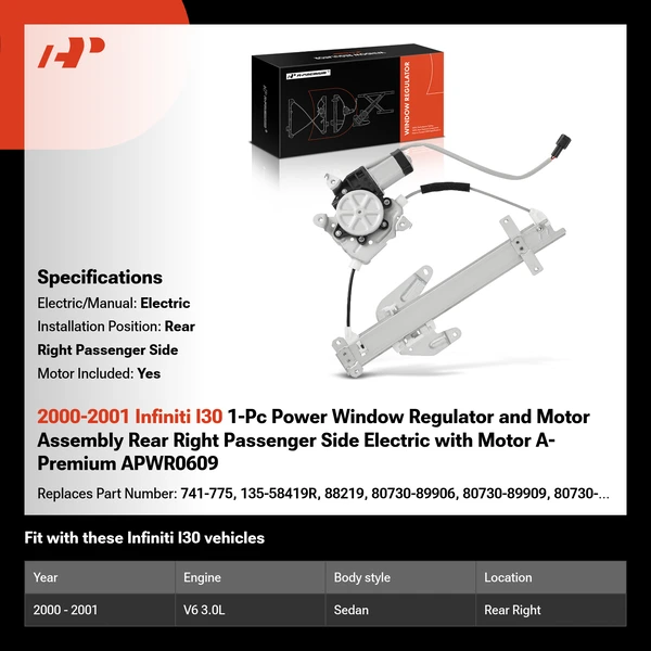 2000-2001 Infiniti I30 1-Pc Power Window Regulator and Motor Assembly Rear Right Passenger Side Electric with Motor A-Premium APWR0609