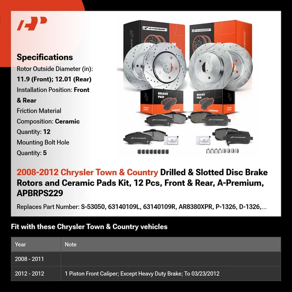2008-2012 Chrysler Town & Country Drilled & Slotted Disc Brake Rotors and Ceramic Pads Kit, 12 Pcs, Front & Rear, A-Premium, APBRPS229