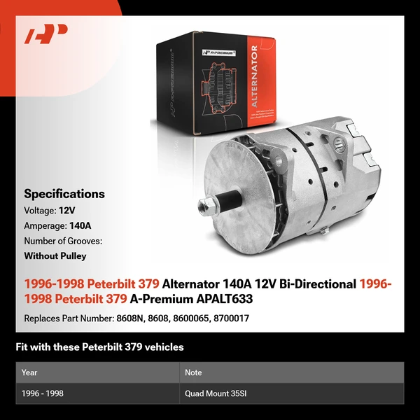 1996-1998 Peterbilt 379 Alternator 140A 12V Bi-Directional 1996-1998 Peterbilt 379 A-Premium APALT633