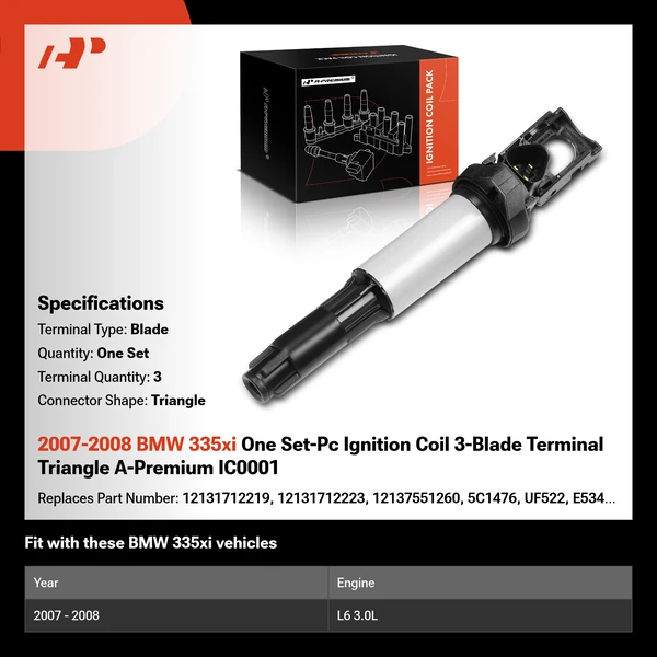 2007-2008 BMW 335xi One Set-Pc Ignition Coil 3-Blade Terminal Triangle A-Premium IC0001