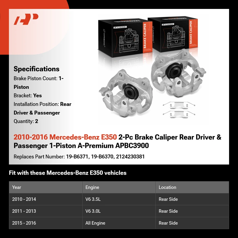 2010-2016 Mercedes-Benz E350 2-Pc Brake Caliper Rear Driver & Passenger 1-Piston A-Premium APBC3900