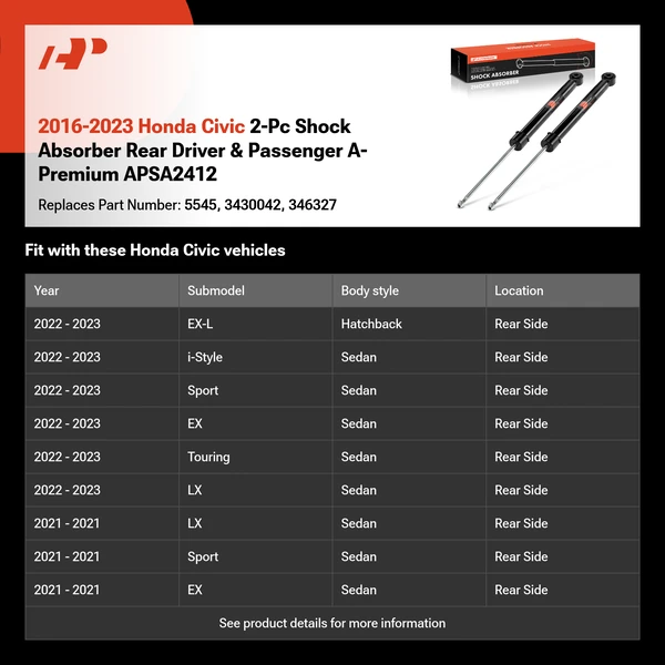 2016-2023 Honda Civic 2-Pc Shock Absorber Rear Driver & Passenger A-Premium APSA2412