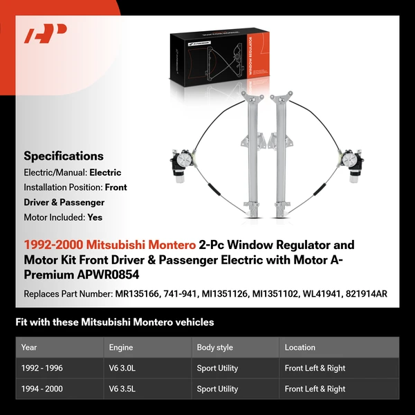 1992-2000 Mitsubishi Montero 2-Pc Window Regulator and Motor Kit Front Driver & Passenger Electric with Motor A-Premium APWR0854
