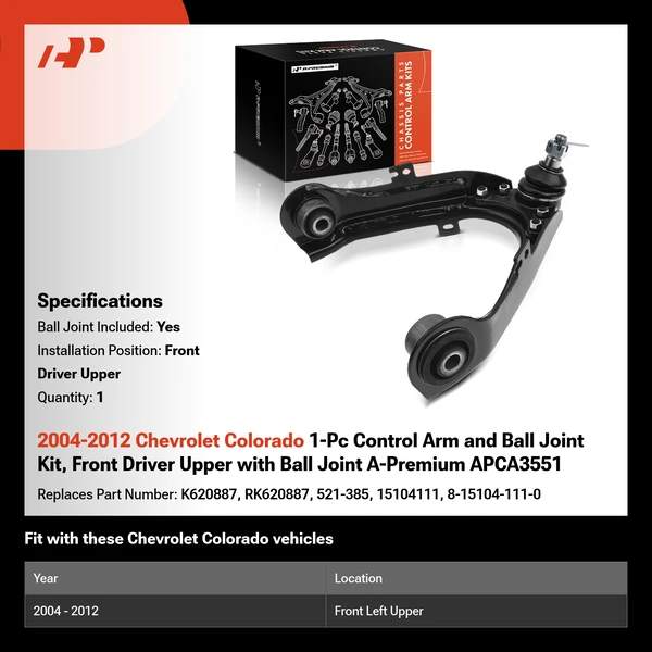 2004-2012 Chevrolet Colorado 1-Pc Control Arm and Ball Joint Kit, Front Driver Upper with Ball Joint A-Premium APCA3551