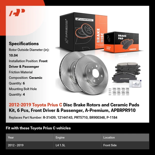 2012-2019 Toyota Prius C Disc Brake Rotors and Ceramic Pads Kit, 6 Pcs, Front Driver & Passenger, A-Premium, APBRPR910