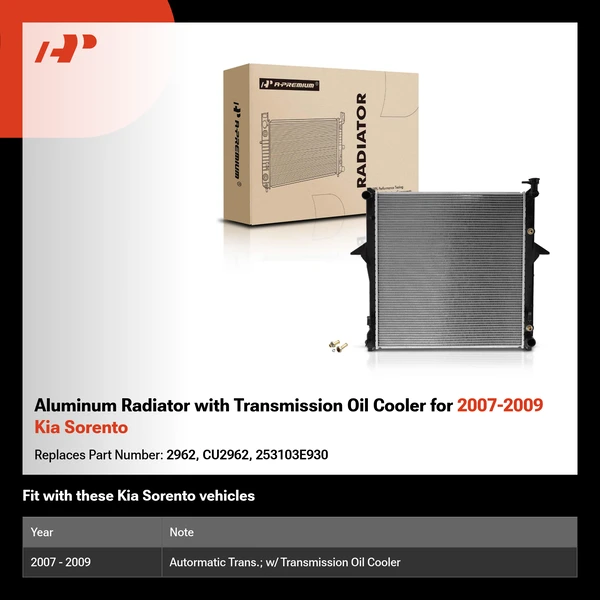 Aluminum Radiator with Transmission Oil Cooler for 2007-2009 Kia Sorento