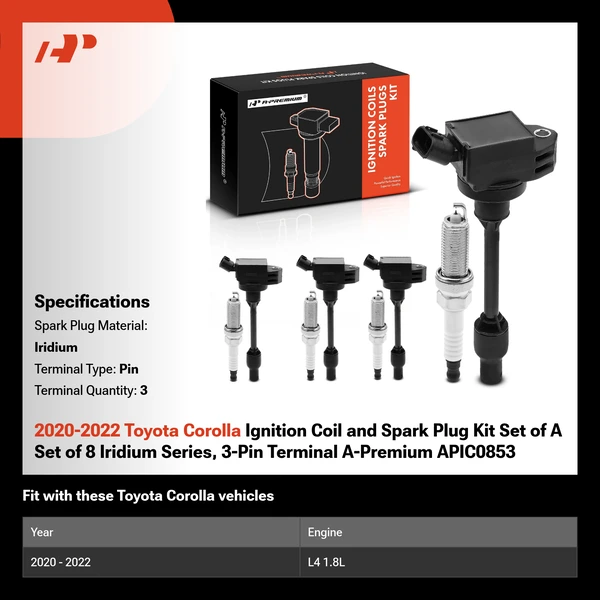 2020-2022 Toyota Corolla Ignition Coil and Spark Plug Kit Set of A Set of 8 Iridium Series, 3-Pin Terminal A-Premium APIC0853