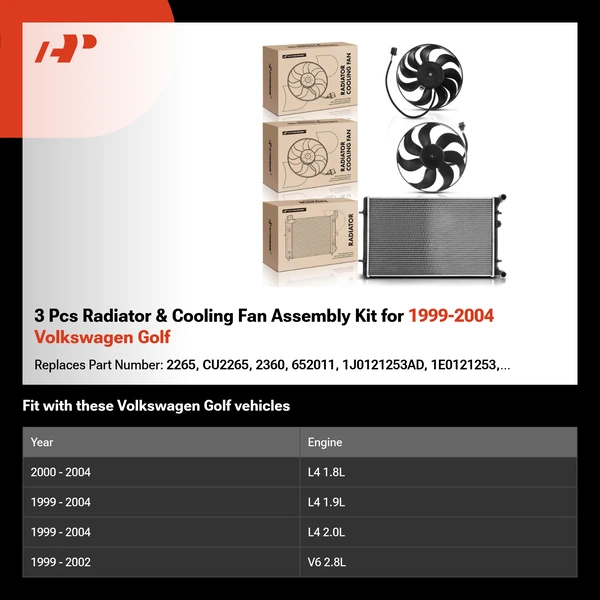 3 Pcs Radiator & Cooling Fan Assembly Kit for 1999-2004 Volkswagen Golf