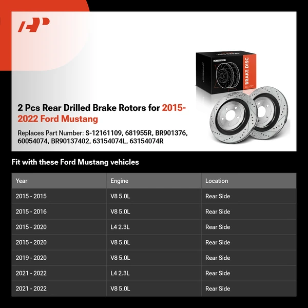 2 Pcs Rear Drilled Brake Rotors for 2015-2022 Ford Mustang