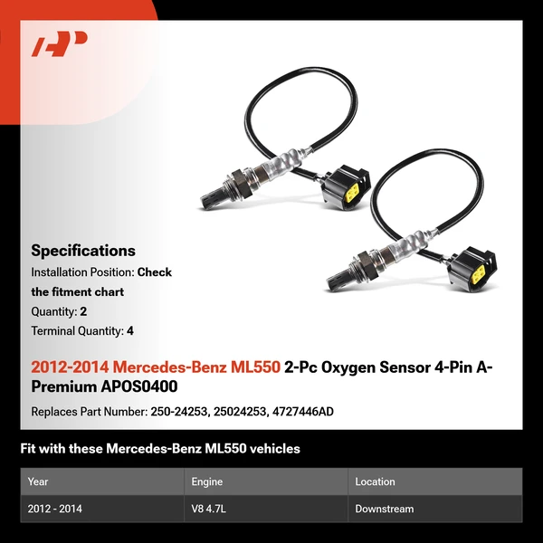 2012-2014 Mercedes-Benz ML550 2-Pc Oxygen Sensor 4-Pin A-Premium APOS0400