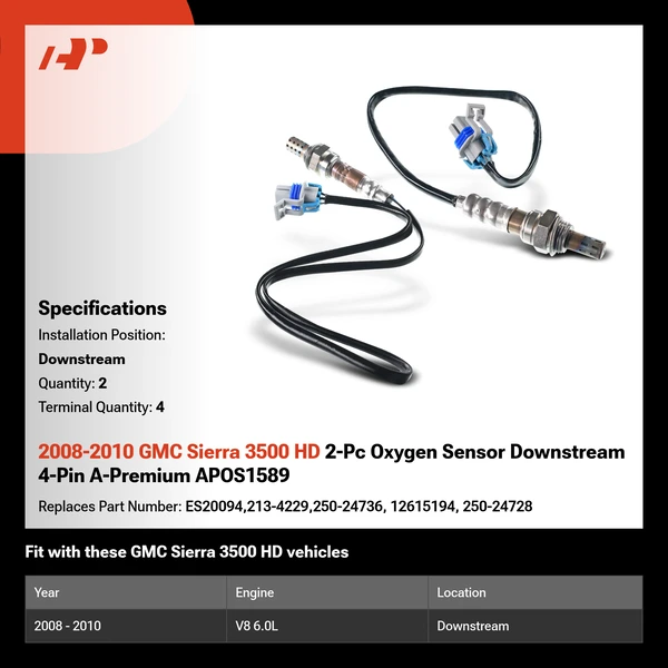 2008-2010 GMC Sierra 3500 HD 2-Pc Oxygen Sensor Downstream 4-Pin A-Premium APOS1589