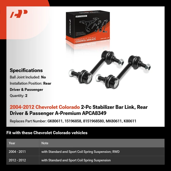 2004-2012 Chevrolet Colorado 2-Pc Stabilizer Bar Link, Rear Driver & Passenger A-Premium APCA8349