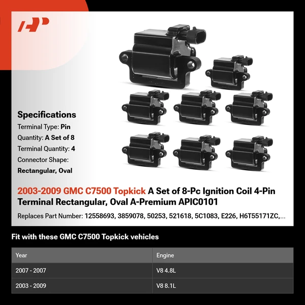 2003-2009 GMC C7500 Topkick A Set of 8-Pc Ignition Coil 4-Pin Terminal Rectangular, Oval A-Premium APIC0101
