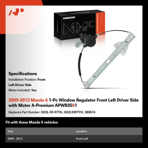 2009-2013 Mazda 6 1-Pc Window Regulator Front Left Driver Side with Motor A-Premium APWR3561