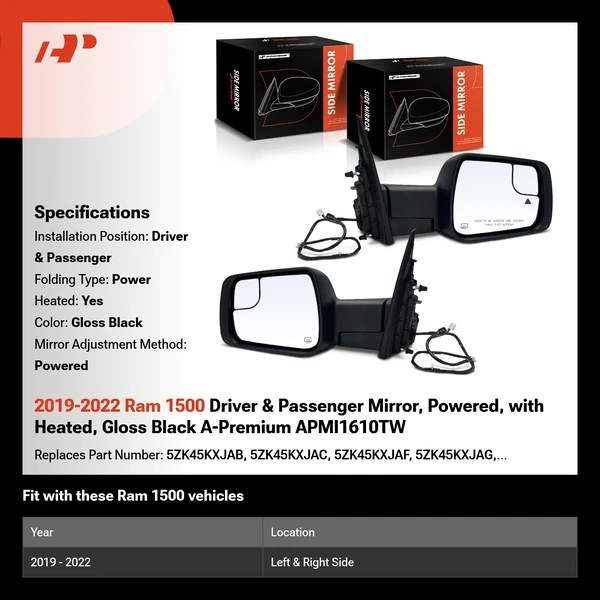 2019-2022 Ram 1500 Driver & Passenger Mirror, Powered, with Heated, Gloss Black A-Premium APMI1610TW