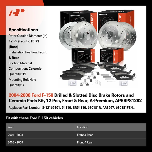 2004-2008 Ford F-150 Drilled & Slotted Disc Brake Rotors and Ceramic Pads Kit, 12 Pcs, Front & Rear, A-Premium, APBRPS1282