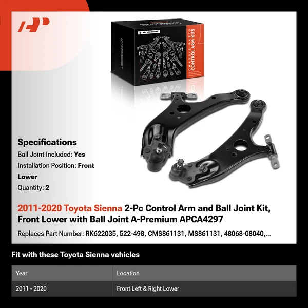 2011-2020 Toyota Sienna 2-Pc Control Arm and Ball Joint Kit, Front Lower with Ball Joint A-Premium APCA4297