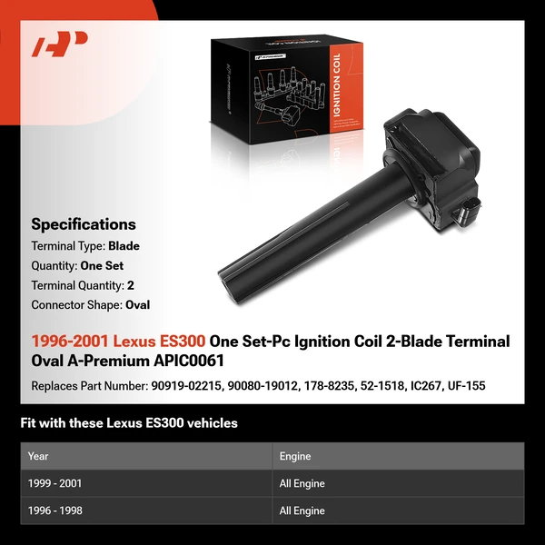 1996-2001 Lexus ES300 One Set-Pc Ignition Coil 2-Blade Terminal Oval A-Premium APIC0061