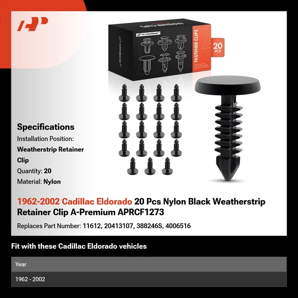 1962-2002 Cadillac Eldorado 20 Pcs Nylon Black Weatherstrip Retainer Clip A-Premium APRCF1273