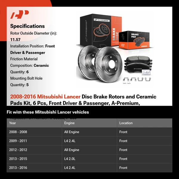 2008-2016 Mitsubishi Lancer Disc Brake Rotors and Ceramic Pads Kit, 6 Pcs, Front Driver & Passenger, A-Premium, APBRPR387