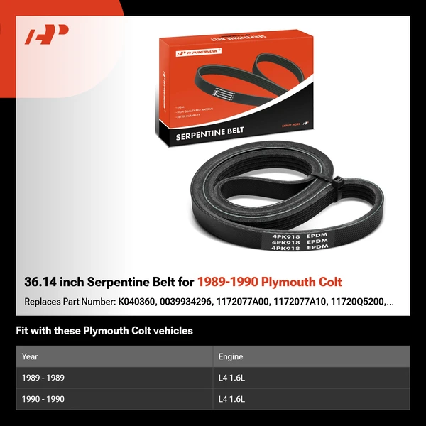 36.14 inch Serpentine Belt for 1989-1990 Plymouth Colt