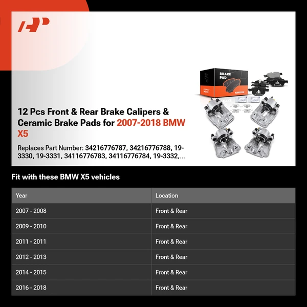 12 Pcs Front & Rear Brake Calipers & Ceramic Brake Pads for 2007-2018 BMW X5