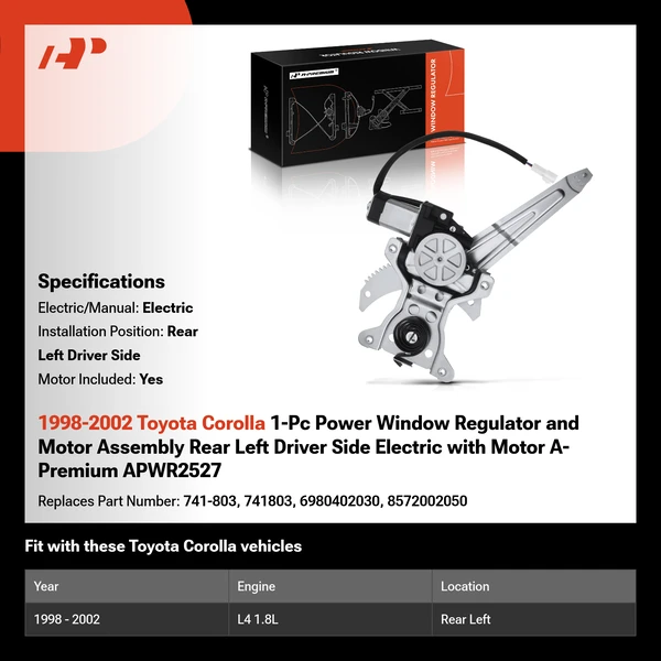 1998-2002 Toyota Corolla 1-Pc Power Window Regulator and Motor Assembly Rear Left Driver Side Electric with Motor A-Premium APWR2527