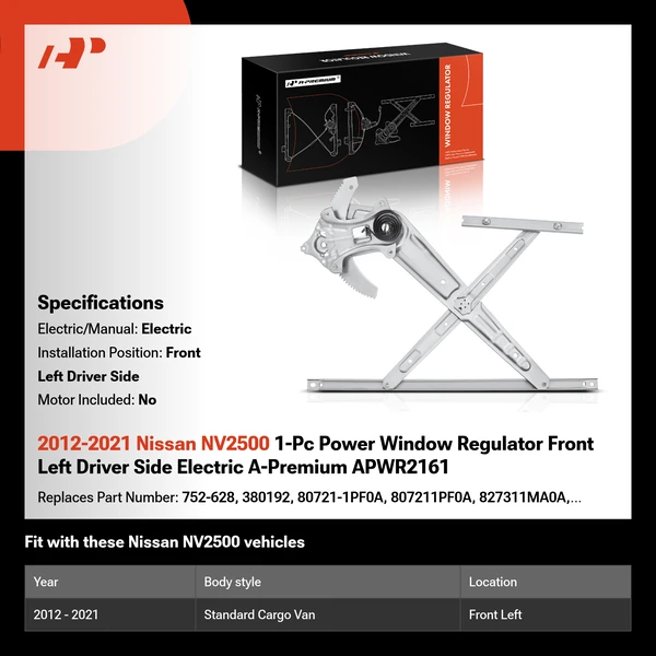 2012-2021 Nissan NV2500 1-Pc Power Window Regulator Front Left Driver Side Electric A-Premium APWR2161