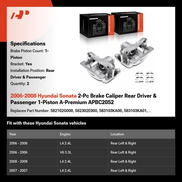 2006-2008 Hyundai Sonata 2-Pc Brake Caliper Rear Driver & Passenger 1-Piston A-Premium APBC2052