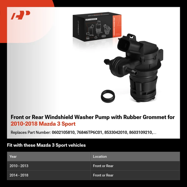 Front or Rear Windshield Washer Pump with Rubber Grommet for 2010-2018 Mazda 3 Sport