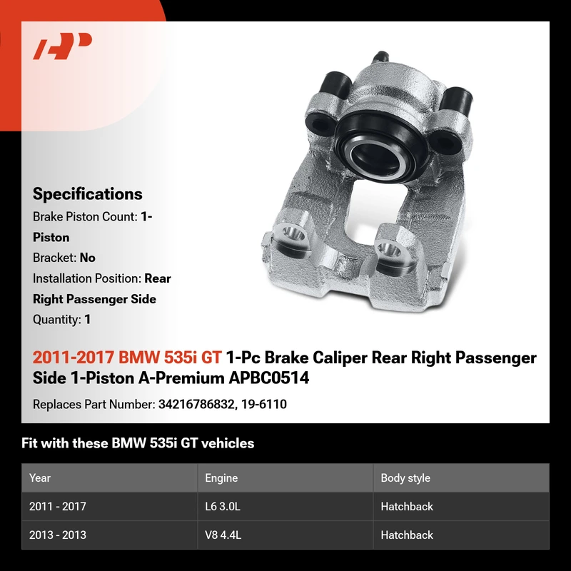 2011-2017 BMW 535i GT 1-Pc Brake Caliper Rear Right Passenger Side 1-Piston A-Premium APBC0514
