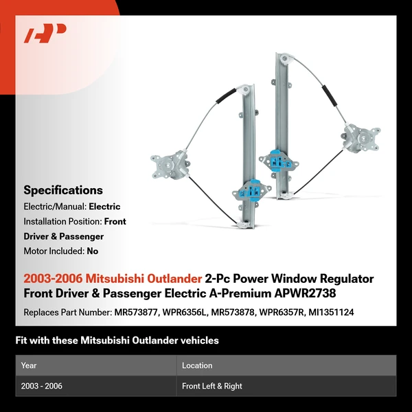 2003-2006 Mitsubishi Outlander 2-Pc Power Window Regulator Front Driver & Passenger Electric A-Premium APWR2738