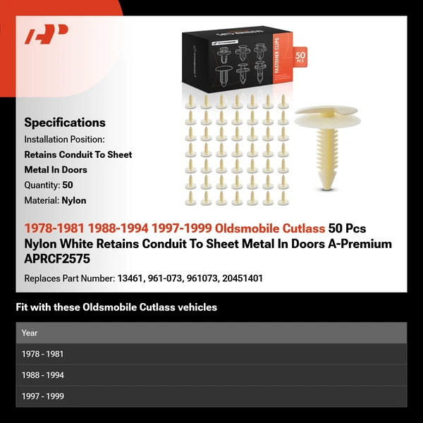 1978-1981 1988-1994 1997-1999 Oldsmobile Cutlass 50 Pcs Nylon White Retains Conduit To Sheet Metal In Doors A-Premium APRCF2575