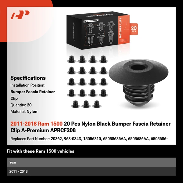 2011-2018 Ram 1500 20 Pcs Nylon Black Bumper Fascia Retainer Clip A-Premium APRCF208