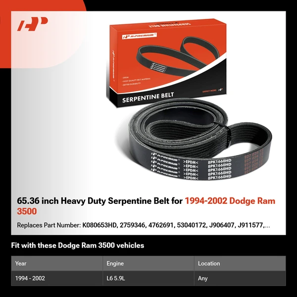 65.36 inch Heavy Duty Serpentine Belt for 1994-2002 Dodge Ram 3500