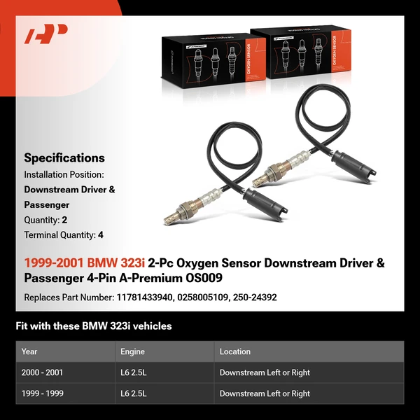 1999-2001 BMW 323i 2-Pc Oxygen Sensor Downstream Driver & Passenger 4-Pin A-Premium OS009