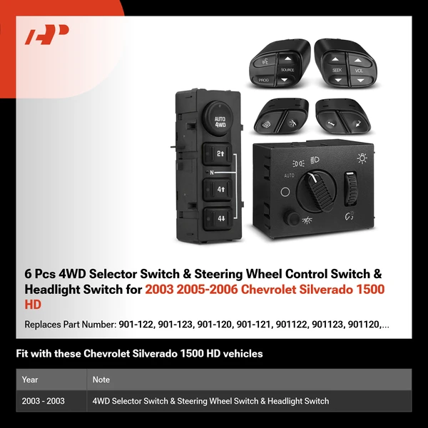 6 Pcs 4WD Selector Switch & Steering Wheel Control Switch & Headlight Switch for 2003 2005-2006 Chevrolet Silverado 1500 HD