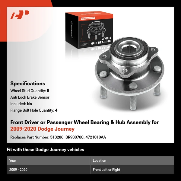 Front Driver or Passenger Wheel Bearing & Hub Assembly for 2009-2020 Dodge Journey