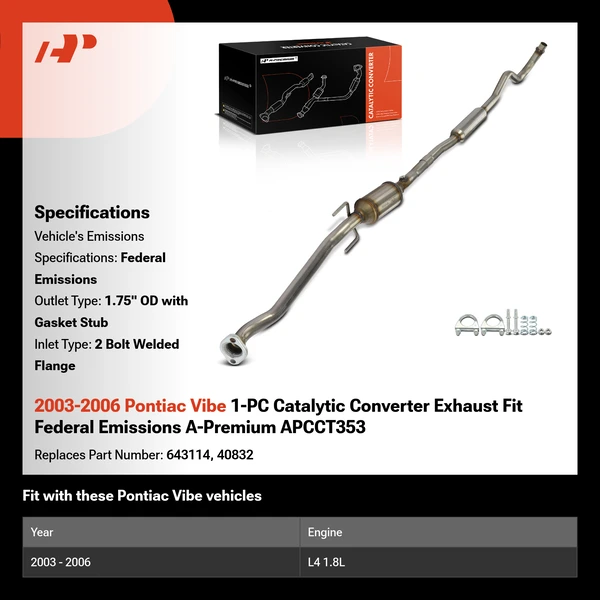 2003-2006 Pontiac Vibe 1-PC Catalytic Converter Exhaust Fit Federal Emissions A-Premium APCCT353