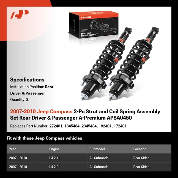 2007-2010 Jeep Compass 2-Pc Strut and Coil Spring Assembly Set Rear Driver & Passenger A-Premium APSA0450