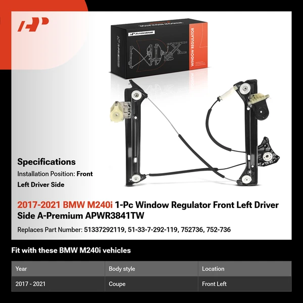 2017-2021 BMW M240i 1-Pc Window Regulator Front Left Driver Side A-Premium APWR3841TW
