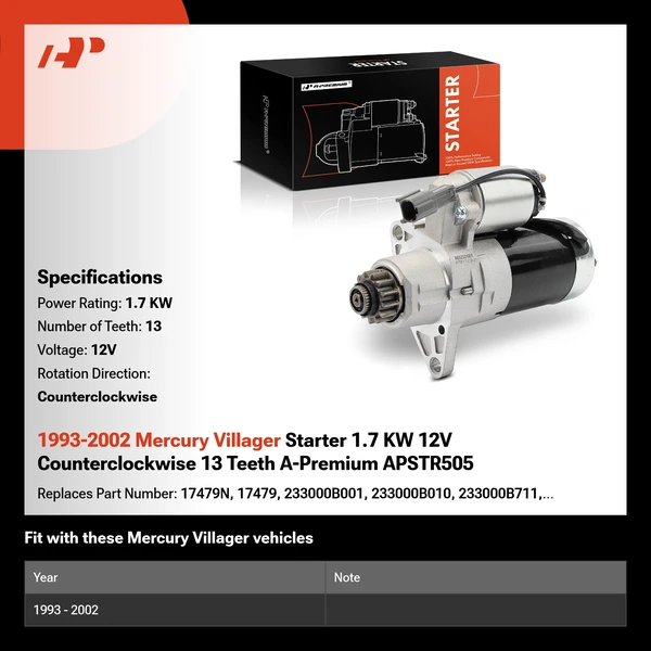 1993-2002 Mercury Villager Starter 1.7 KW 12V Counterclockwise 13 Teeth A-Premium APSTR505
