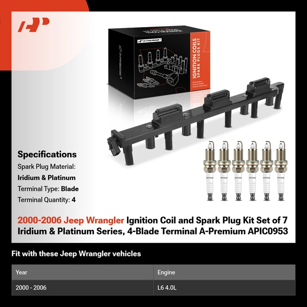 2000-2006 Jeep Wrangler Ignition Coil and Spark Plug Kit Set of 7 Iridium & Platinum Series, 4-Blade Terminal A-Premium APIC0953