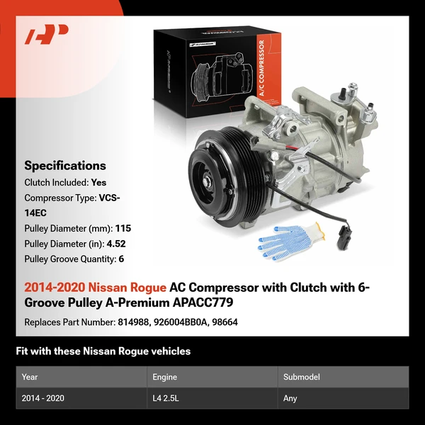 2014-2020 Nissan Rogue AC Compressor with Clutch with 6-Groove Pulley A-Premium APACC779