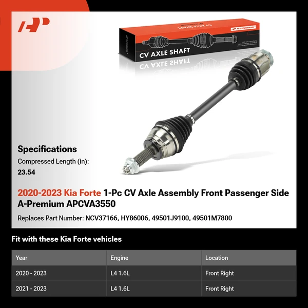 2020-2023 Kia Forte 1-Pc CV Axle Assembly Front Passenger Side A-Premium APCVA3550